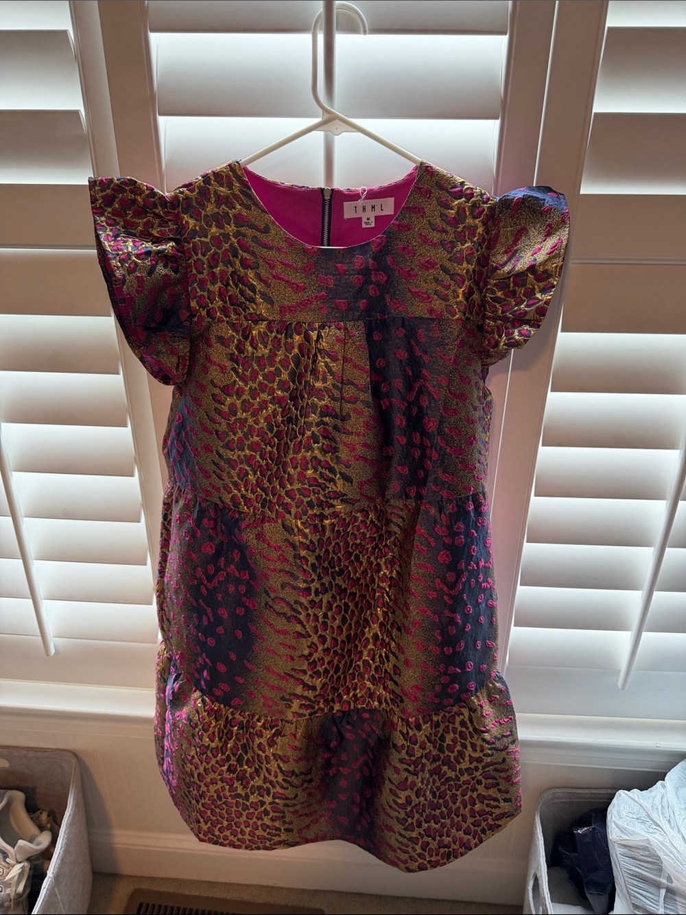 THML Metallic Gold and Fuchsia Animal-Print Midi Dress